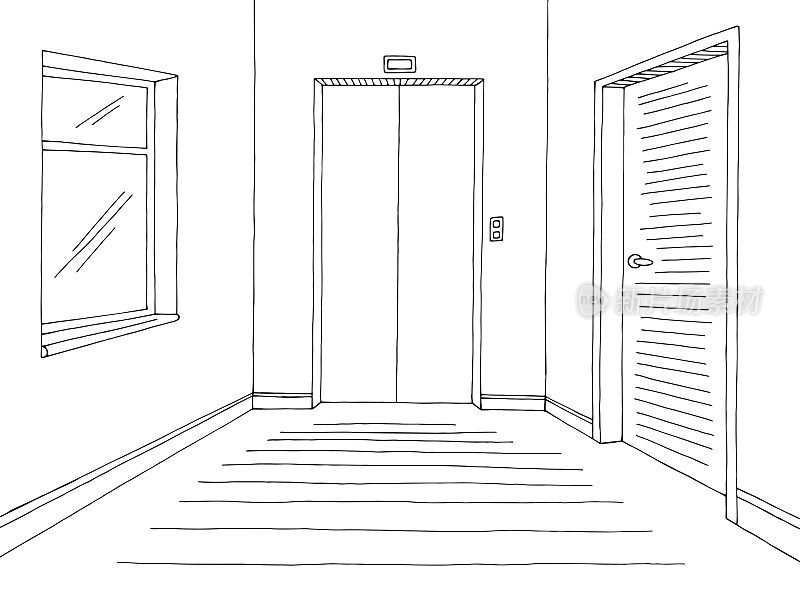 Corridor graphic black white interior sketch illustration vector